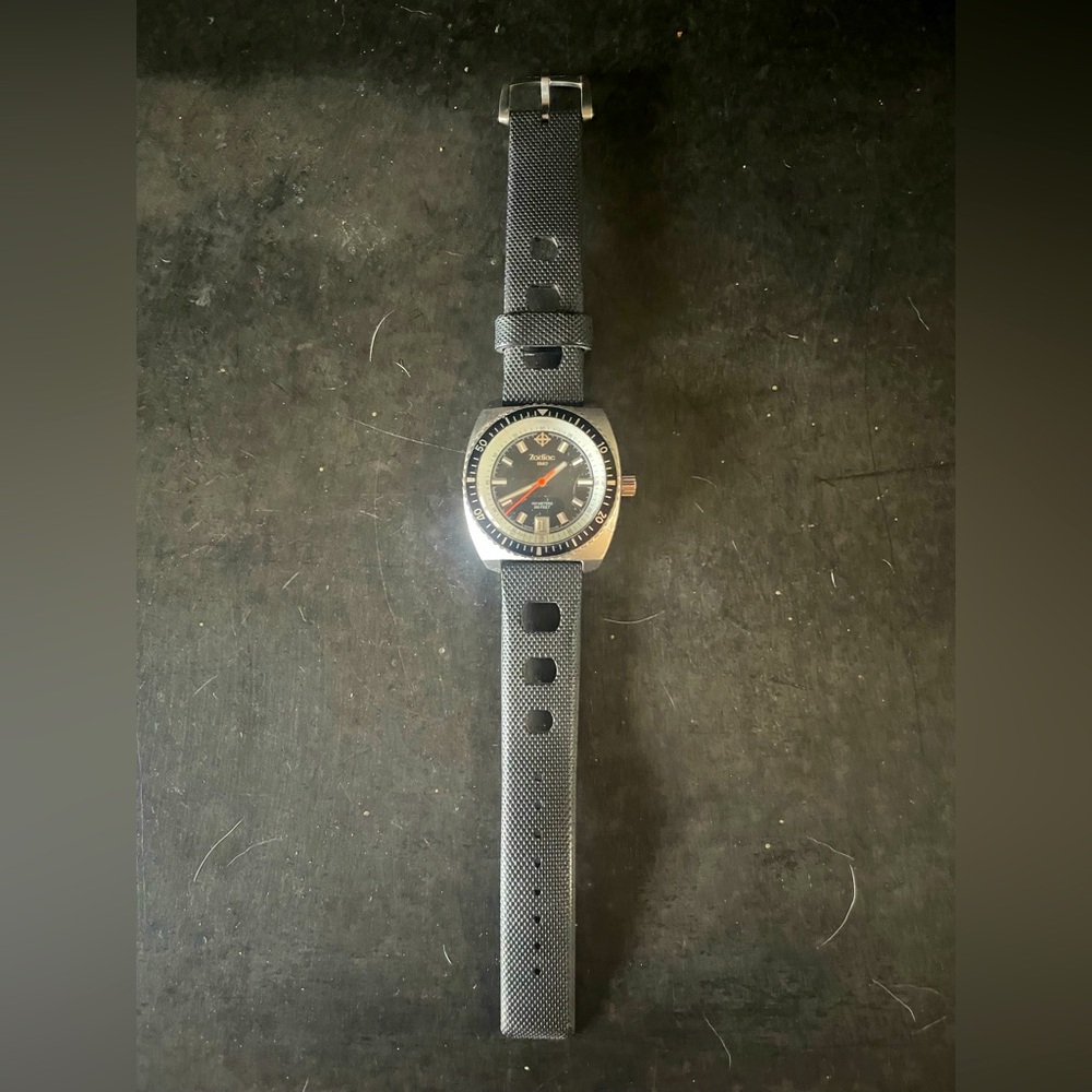 Zodiac Sea Dragon chronograph watch with rubber watch band.